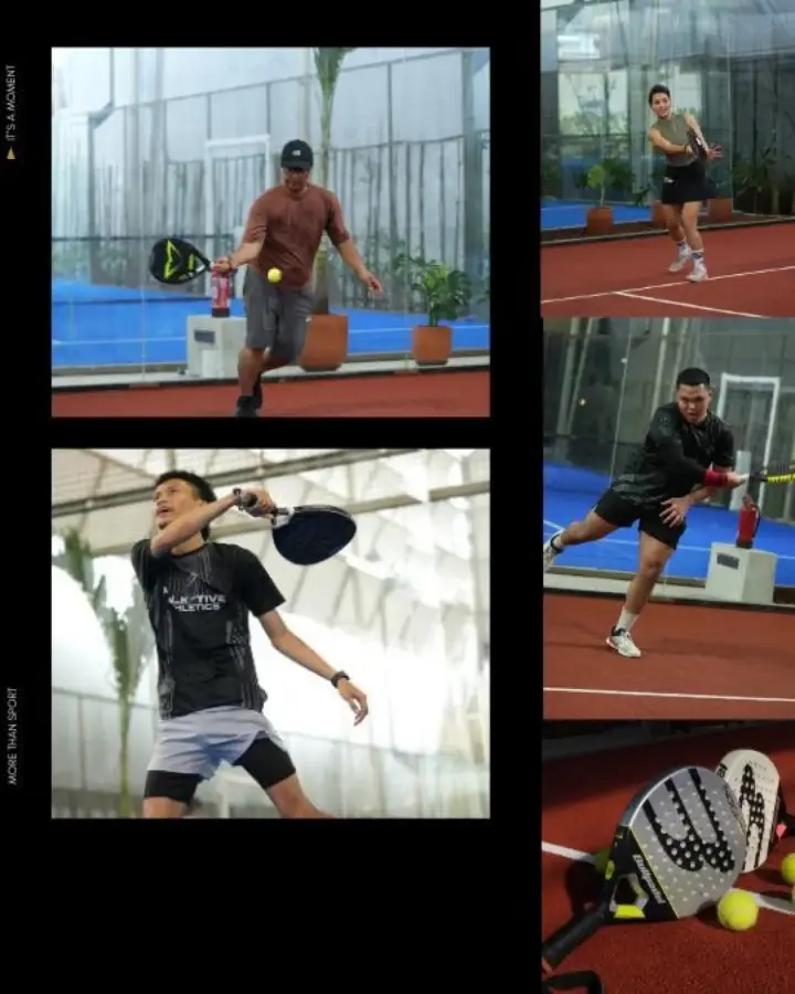 Collage of players on the blue and red courts